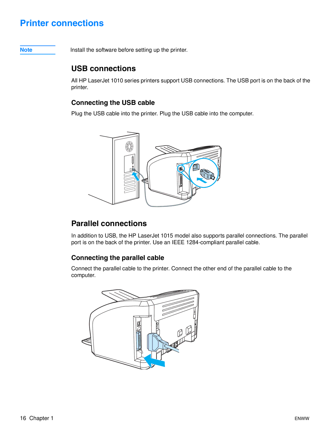 HP 1015 manual Printer connections, USB connections, Parallel connections, Connecting the USB cable 