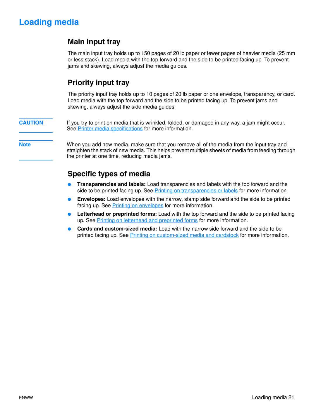 HP 1015 manual Loading media, Specific types of media 