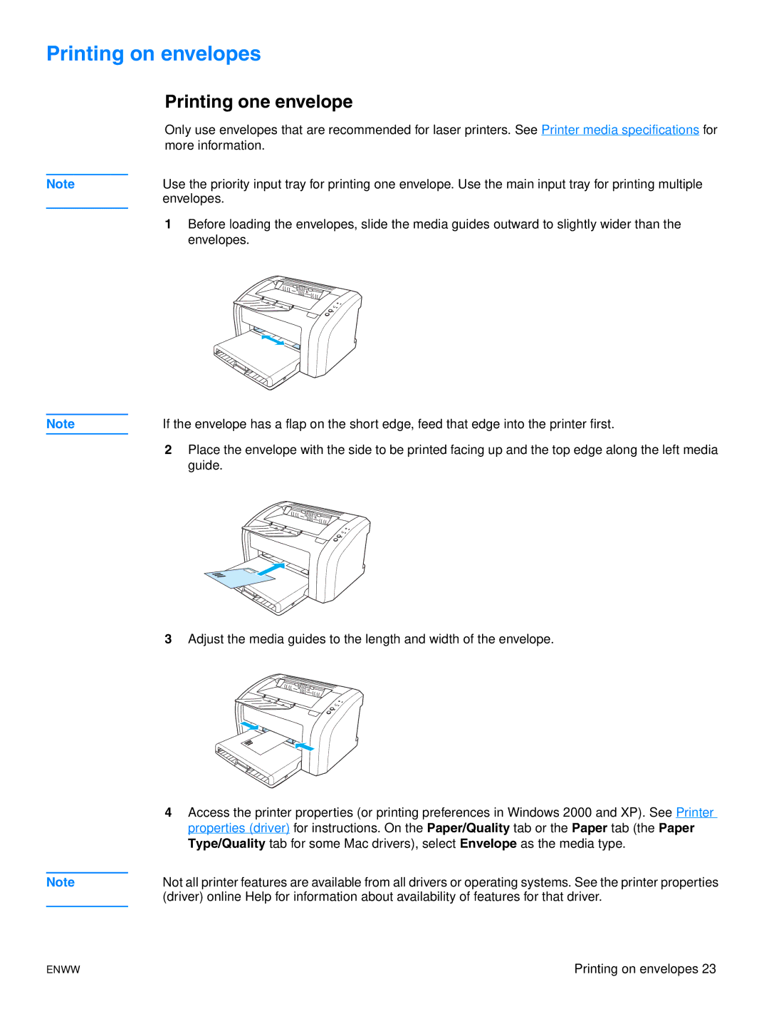 HP 1015 manual Printing on envelopes, Printing one envelope 