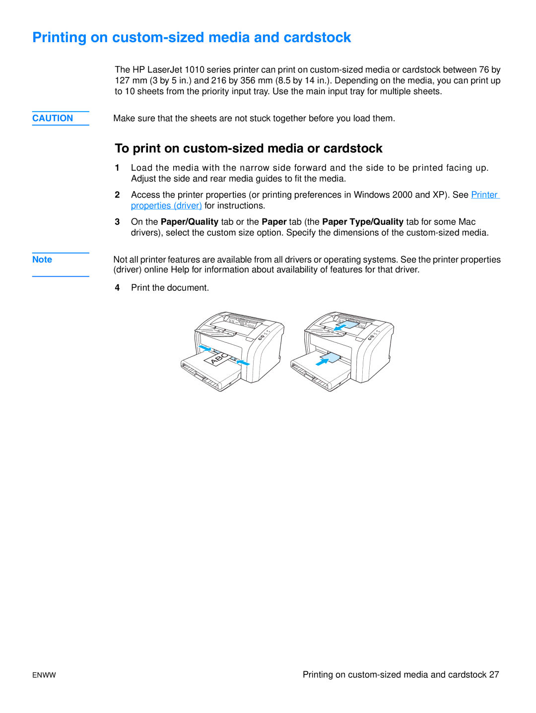 HP 1015 manual Printing on custom-sized media and cardstock, To print on custom-sized media or cardstock 