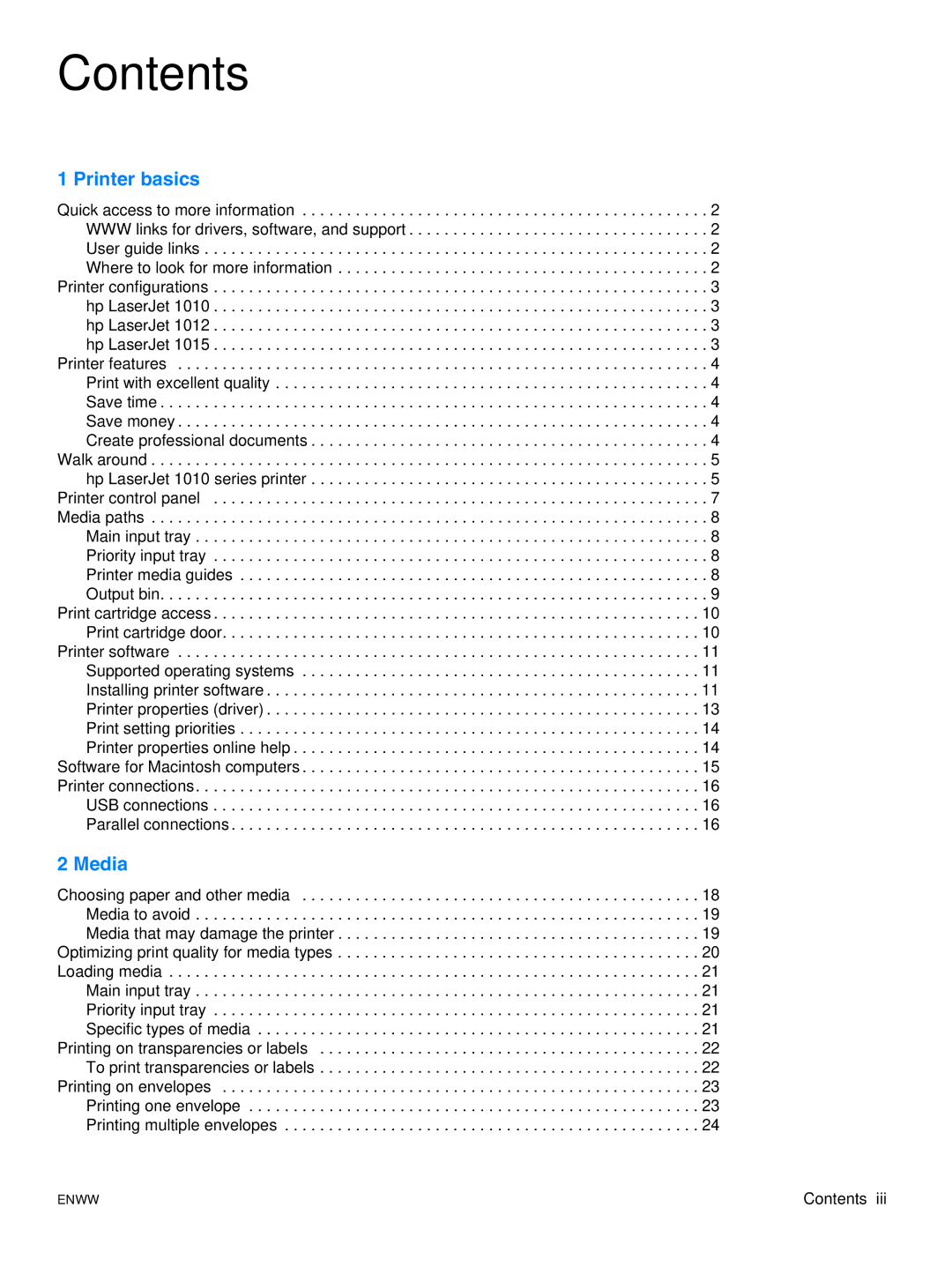 HP 1015 manual Contents 