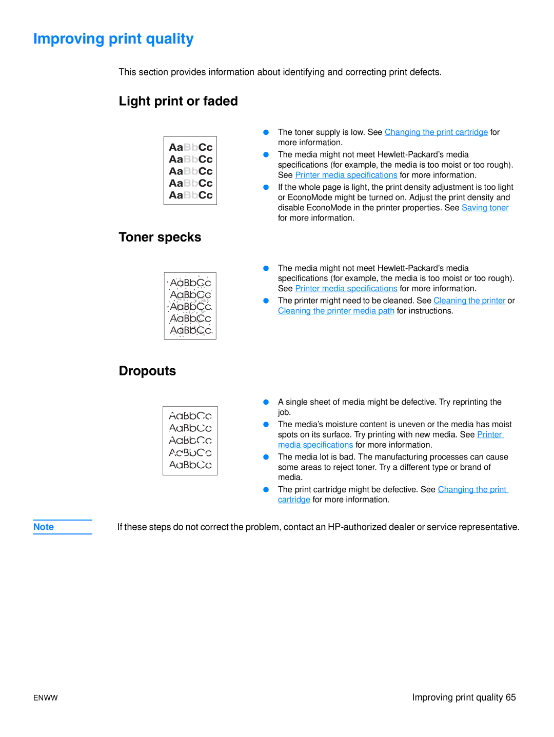 HP 1015 manual Improving print quality, Light print or faded, Toner specks, Dropouts 