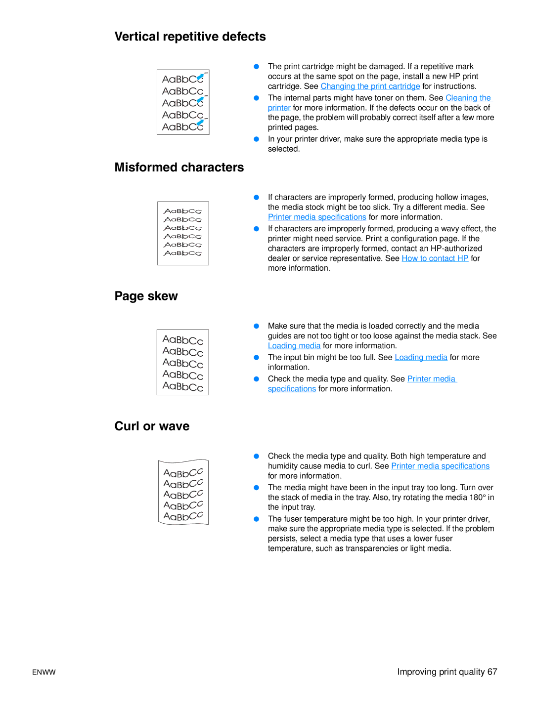 HP 1015 manual Vertical repetitive defects, Misformed characters, Skew, Curl or wave 