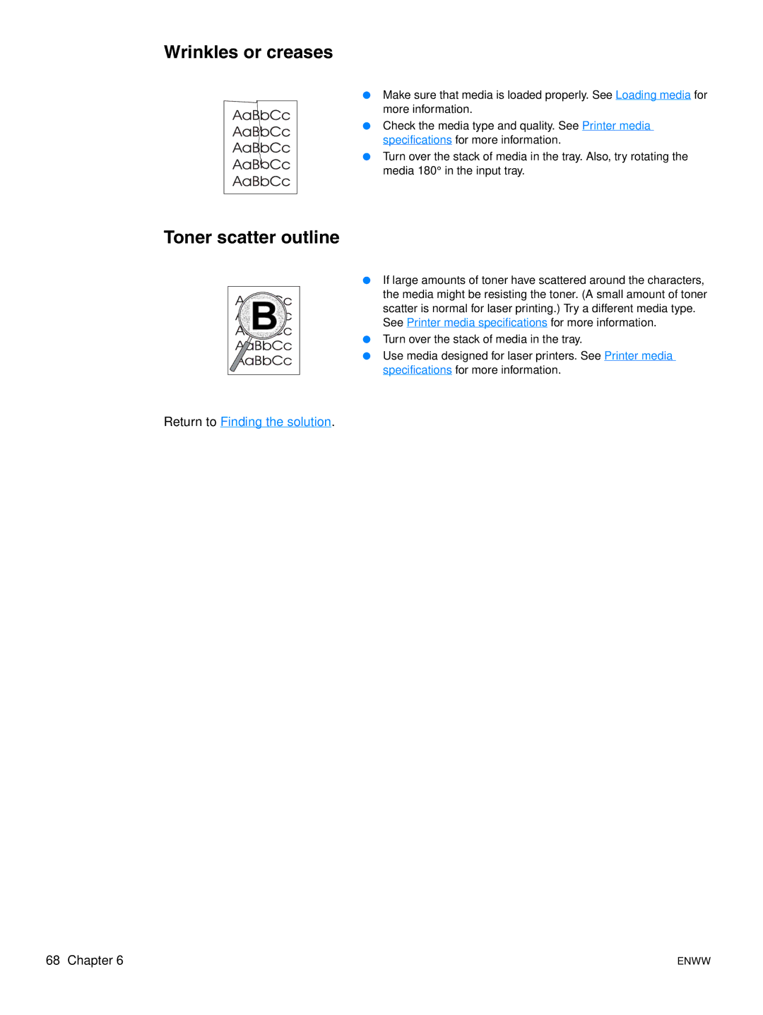 HP 1015 manual Wrinkles or creases, Toner scatter outline 