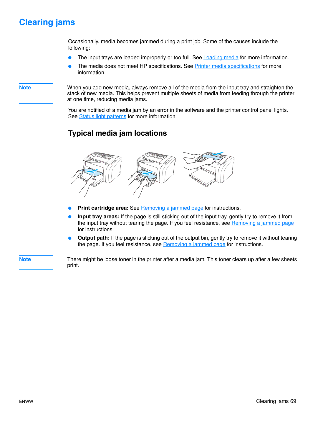 HP 1015 manual Clearing jams, Typical media jam locations 