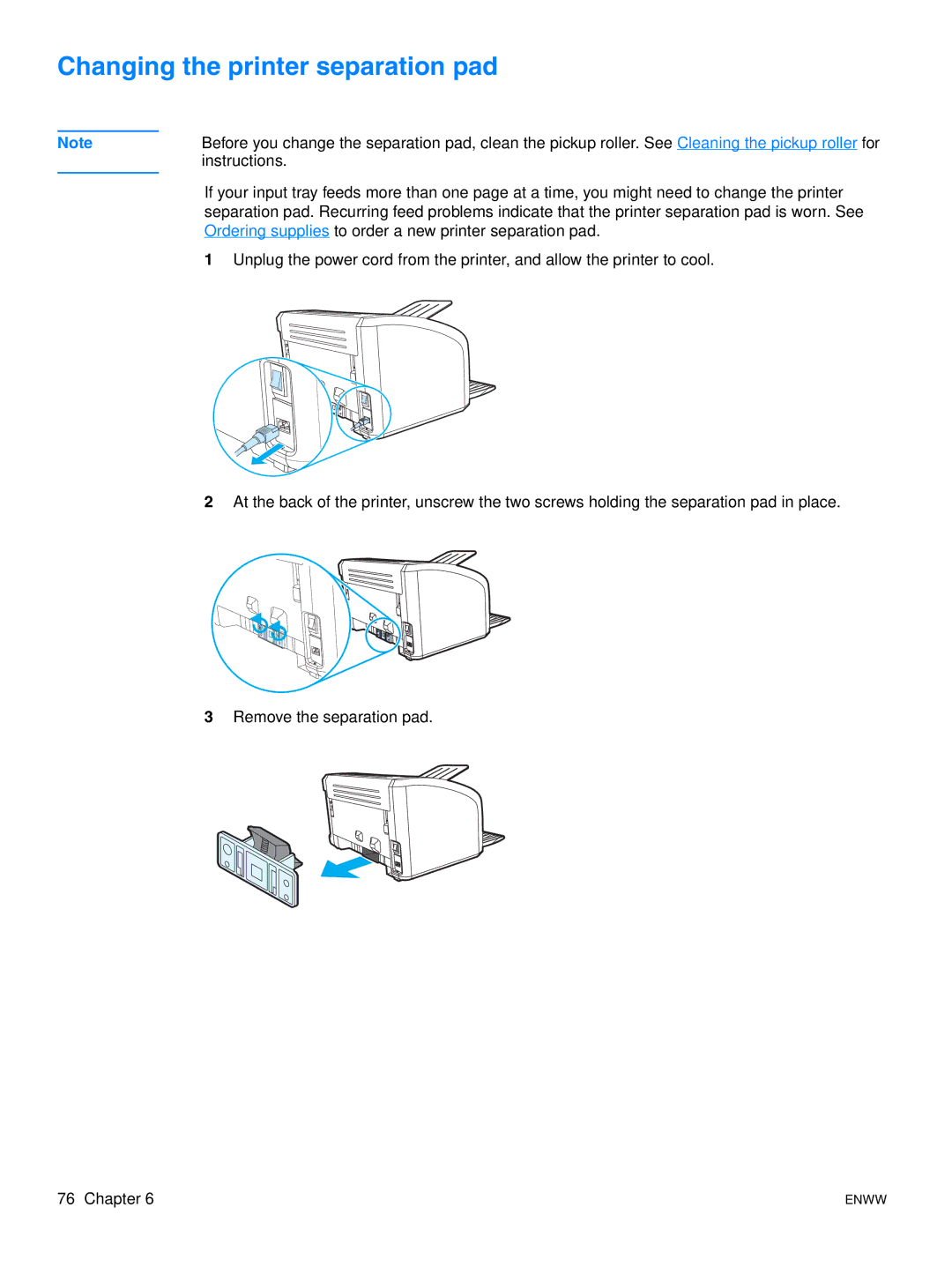 HP 1015 manual Changing the printer separation pad 