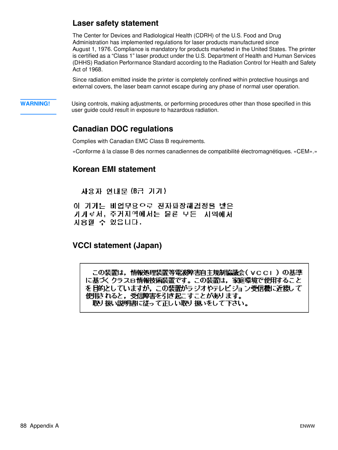 HP 1015 manual Laser safety statement, Canadian DOC regulations, Korean EMI statement Vcci statement Japan 