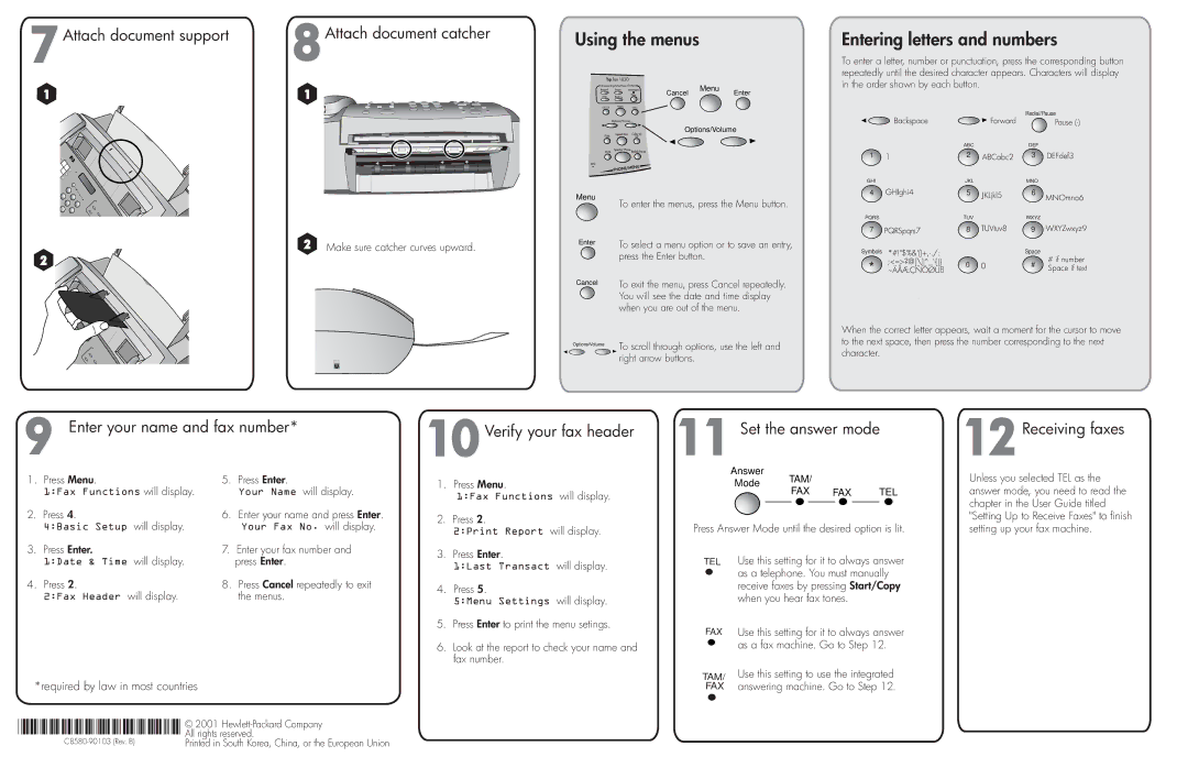 HP 1020xi Fax 7Attach document support 8Attach document catcher, Enter your name and fax number, Verify your fax header 