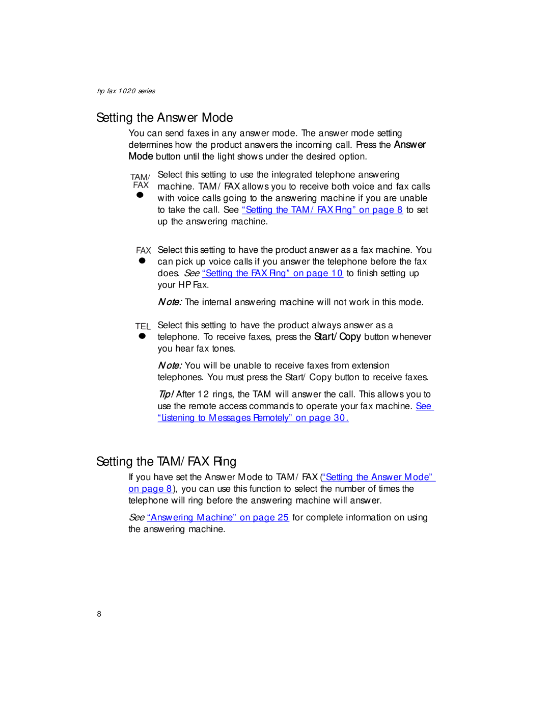 HP 1020xi Fax, 1020 Fax manual Setting the Answer Mode, Setting the TAM/FAX Ring 