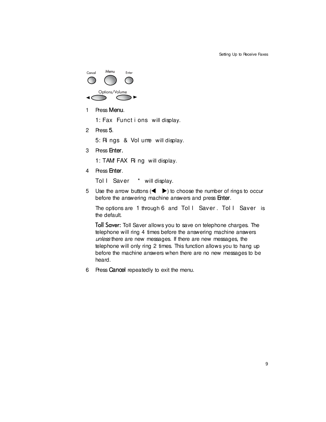 HP 1020 Fax, 1020xi Fax manual 5Rings & Volume will display, 1TAM/FAX Ring will display, Toll Saver 