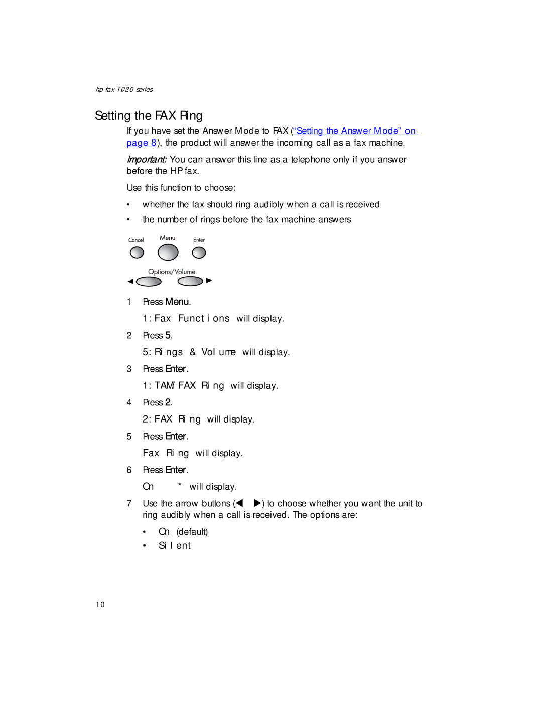 HP 1020xi Fax, 1020 Fax manual Setting the FAX Ring, Silent 