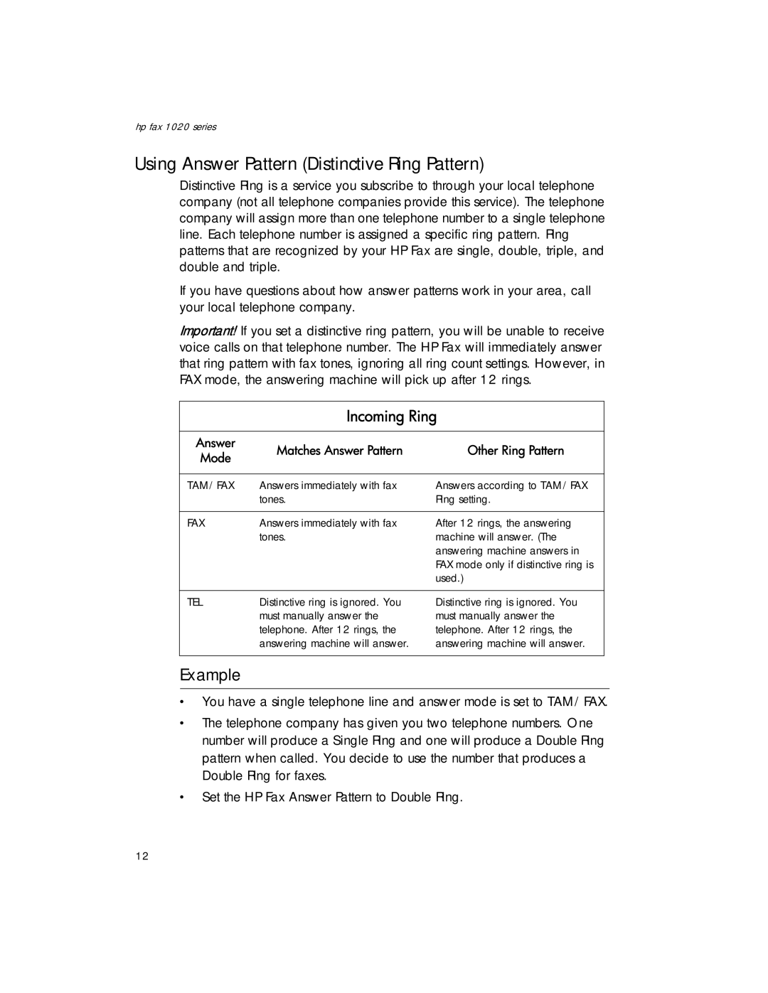 HP 1020xi Fax, 1020 Fax manual Using Answer Pattern Distinctive Ring Pattern, Example 