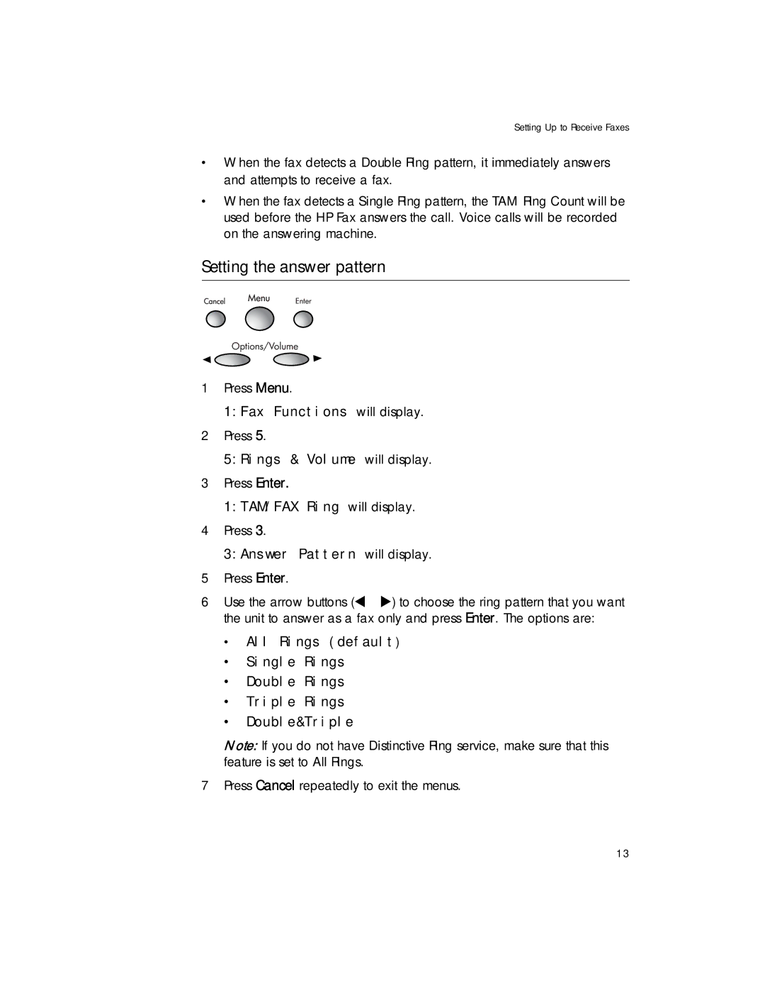 HP 1020 Fax, 1020xi Fax manual 1Fax Functions will display, 3Answer Pattern will display 