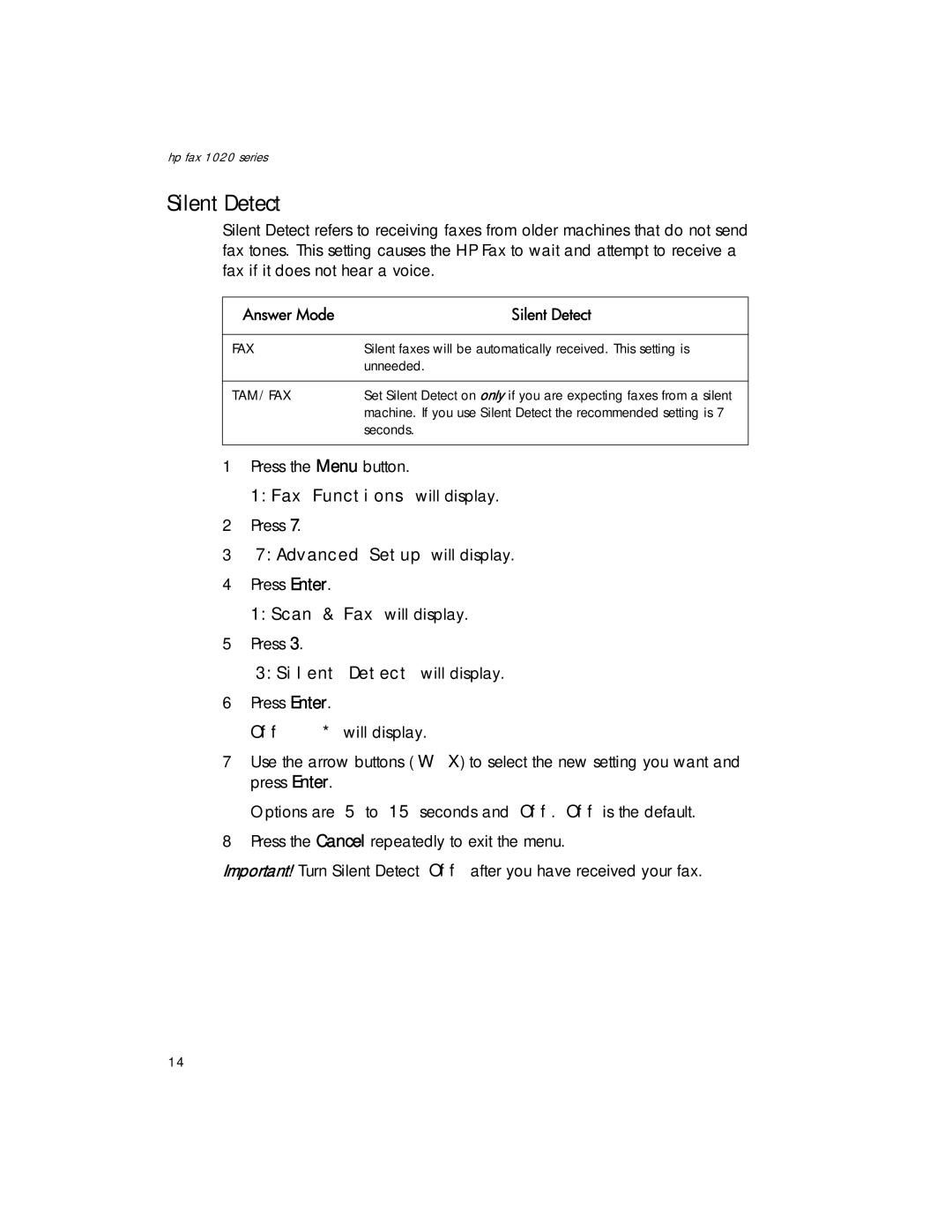 HP 1020xi Fax, 1020 Fax manual 7Advanced Setup will display, 1Scan & Fax will display, 3Silent Detect will display, Off 