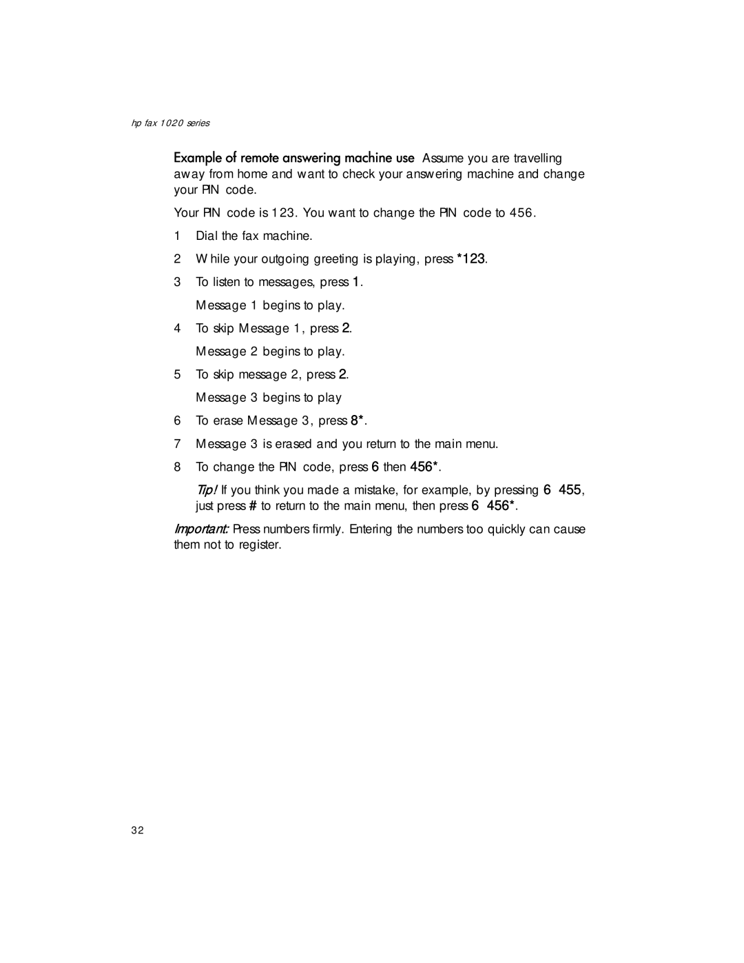 HP 1020xi Fax, 1020 Fax manual To skip Message 1, press 2. Message 2 begins to play 