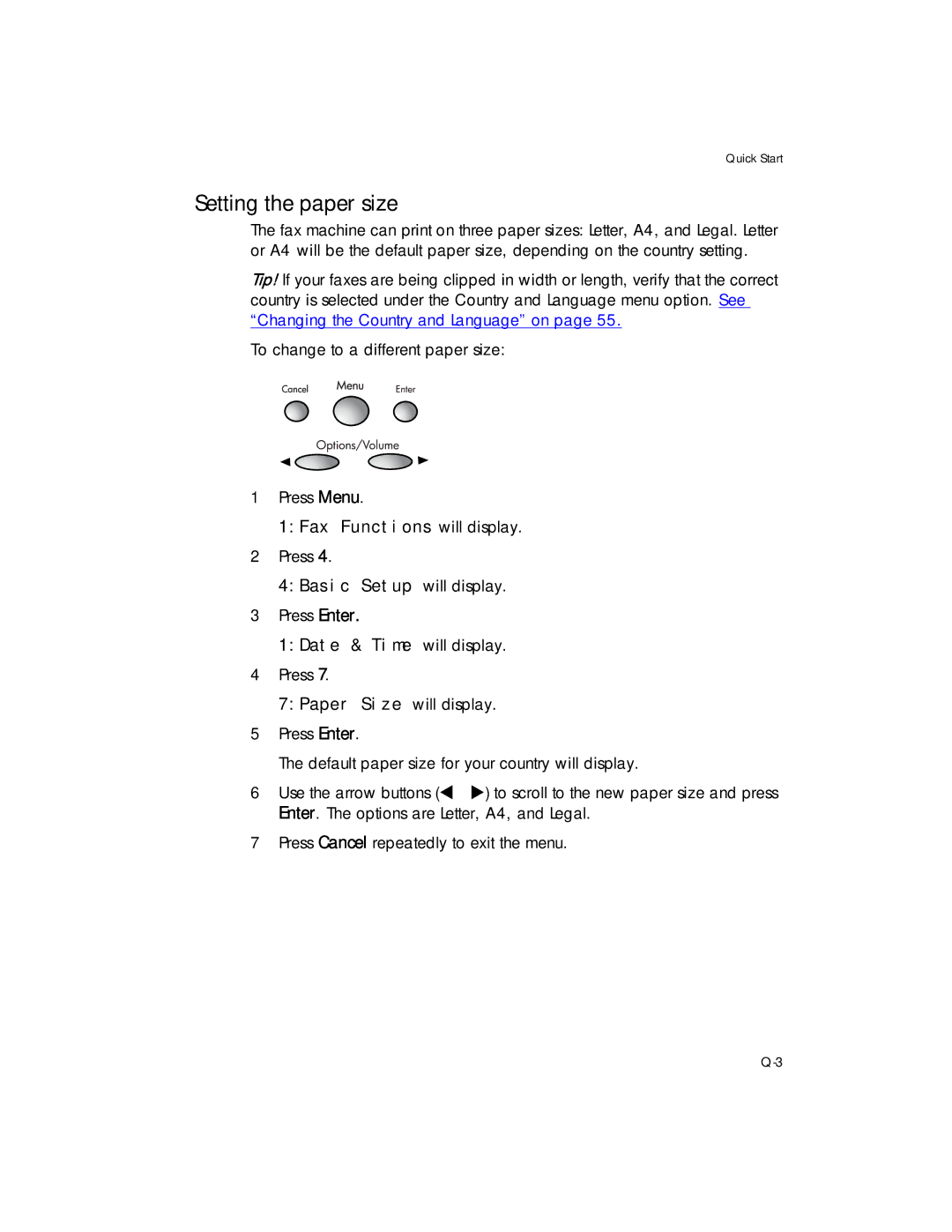 HP 1020 Fax Setting the paper size, 1Fax Functions will display, 4Basic Setup will display, 1Date & Time will display 