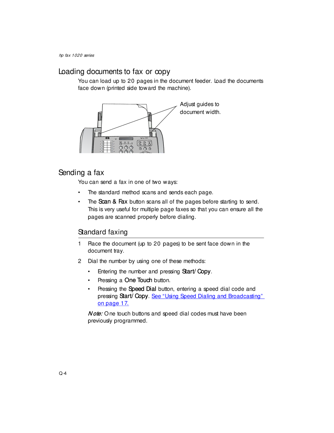 HP 1020xi Fax, 1020 Fax manual Loading documents to fax or copy, Sending a fax, Standard faxing 