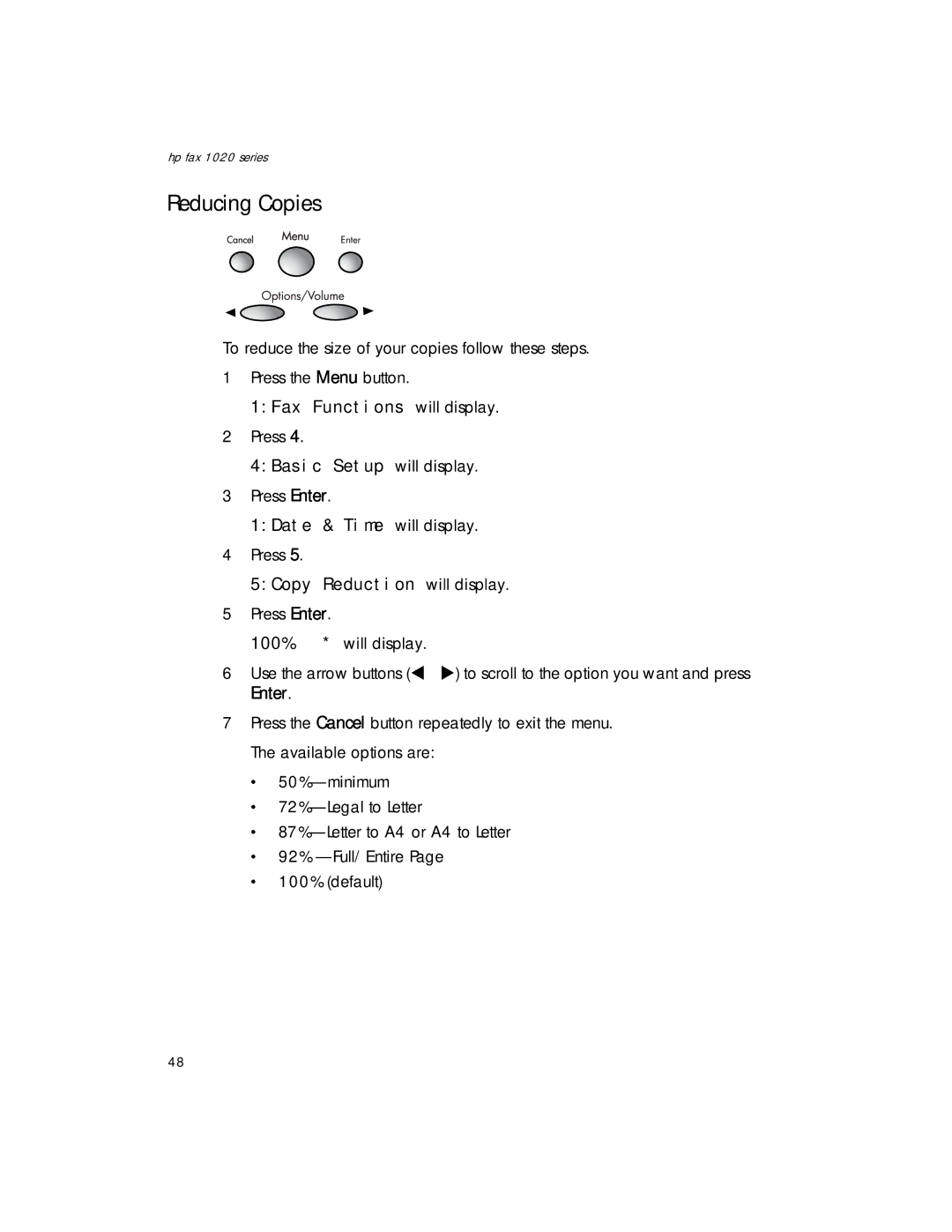 HP 1020xi Fax, 1020 Fax manual Reducing Copies, 5Copy Reduction will display 