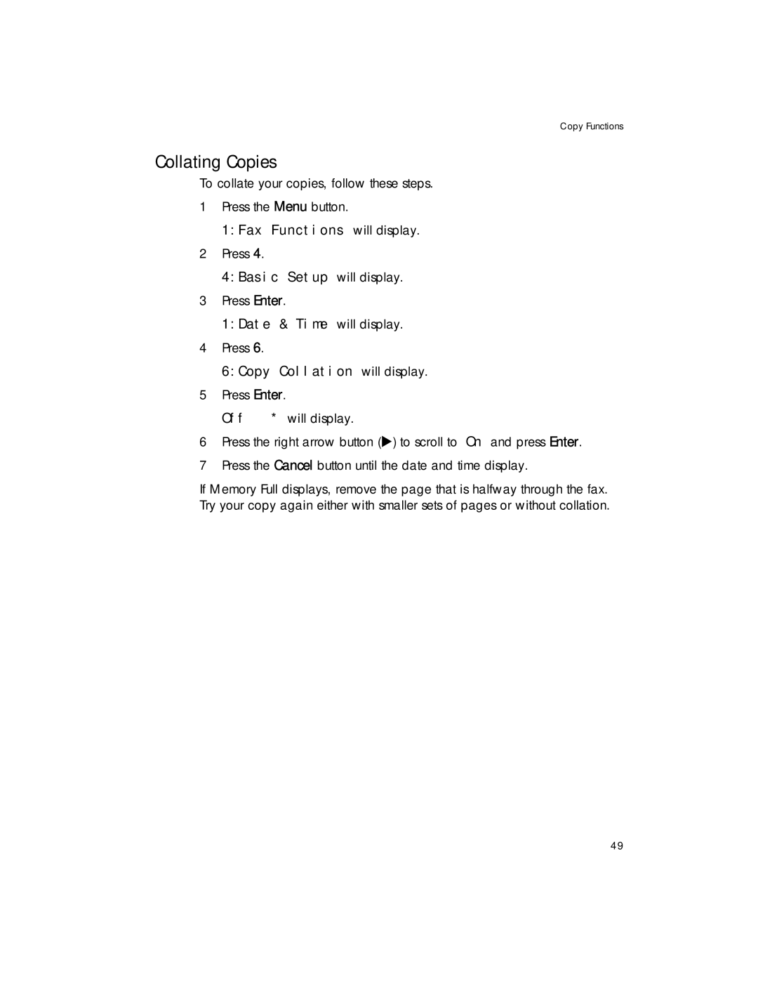 HP 1020 Fax, 1020xi Fax manual Collating Copies, 6Copy Collation will display 