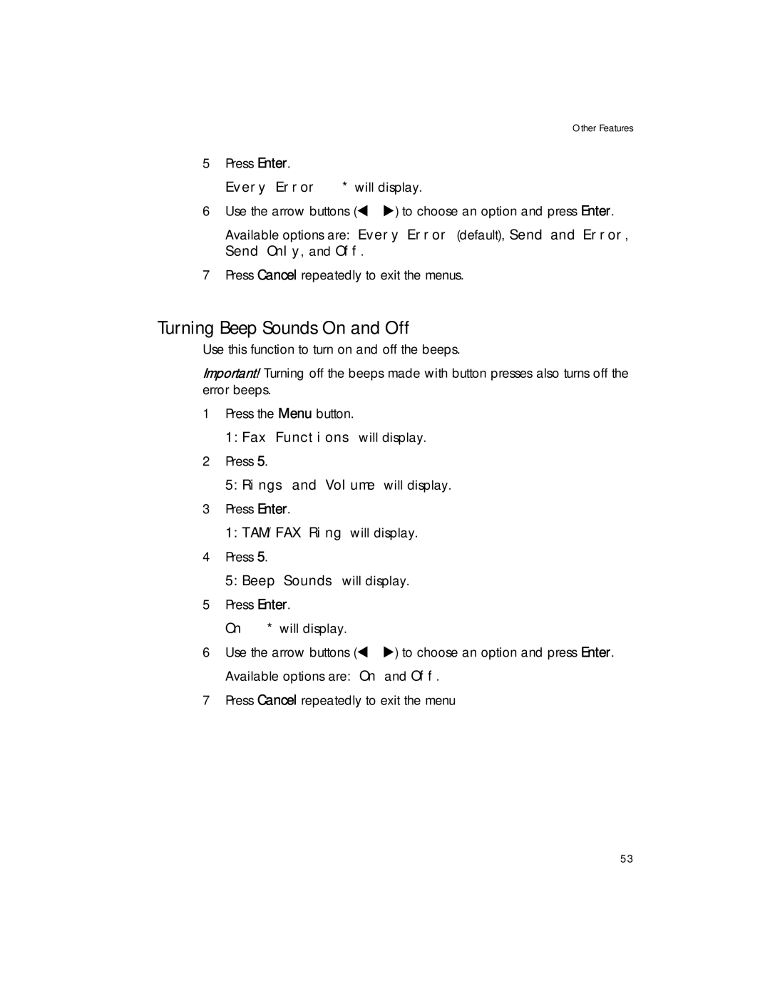 HP 1020 Fax, 1020xi Fax Turning Beep Sounds On and Off, Every Error, Send Only , and Off, 5Rings and Volume will display 