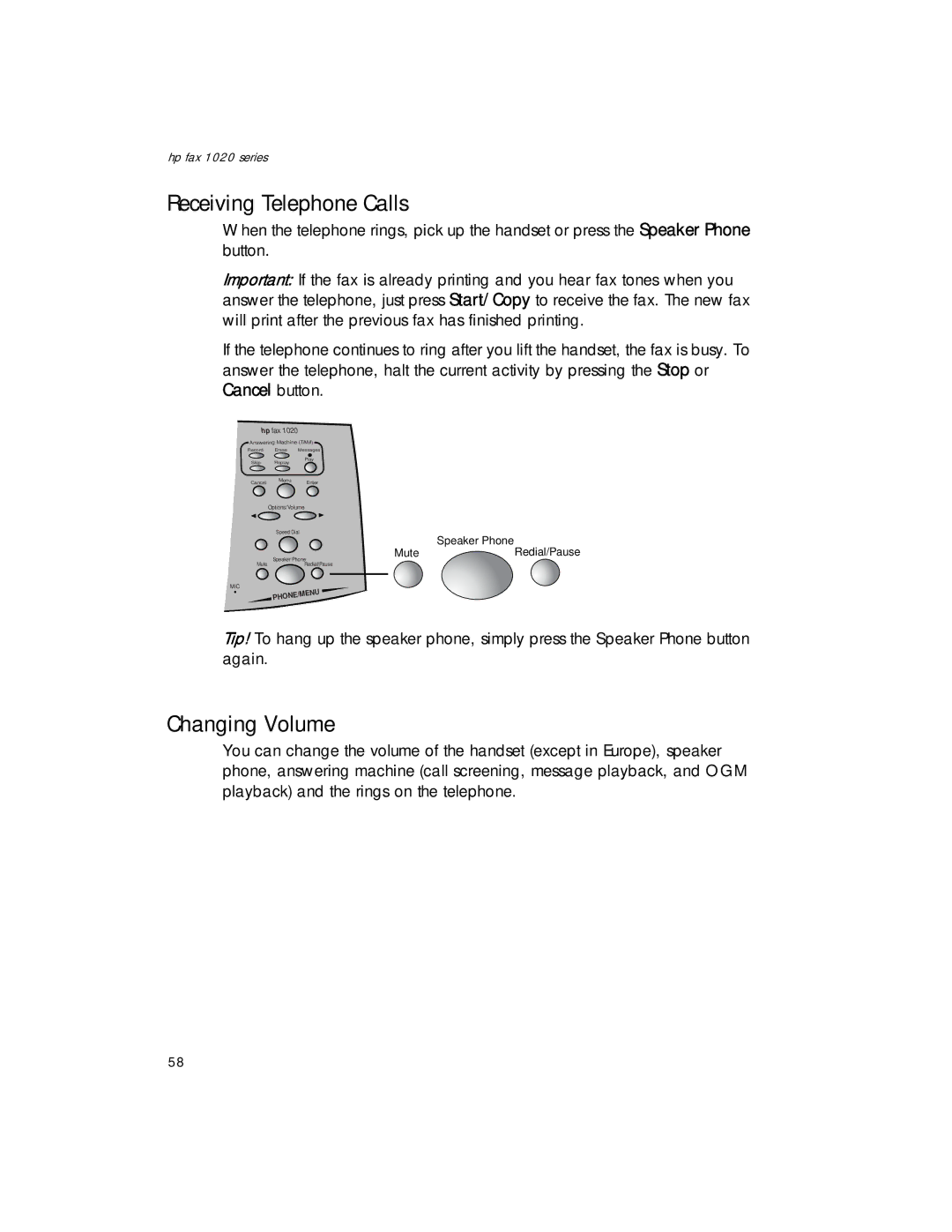 HP 1020xi Fax, 1020 Fax manual Receiving Telephone Calls, Changing Volume 