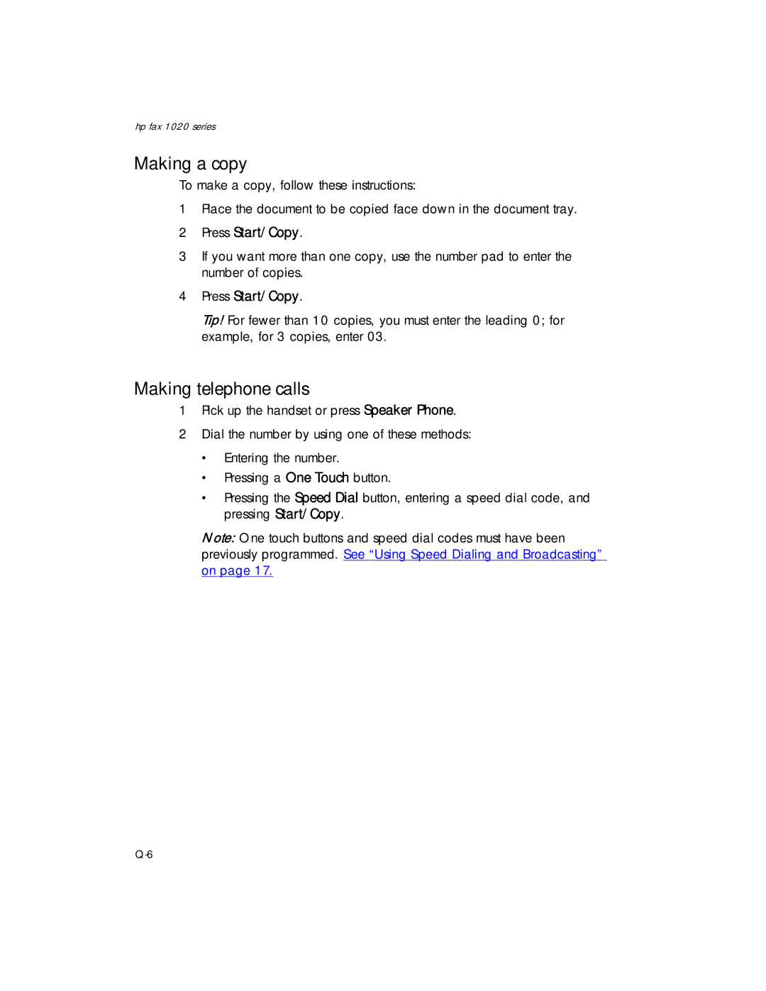 HP 1020xi Fax, 1020 Fax manual Making a copy, Making telephone calls 