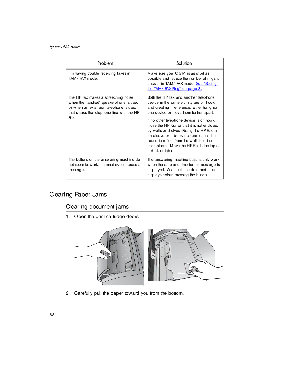 HP 1020xi Fax, 1020 Fax manual Clearing Paper Jams, Clearing document jams 