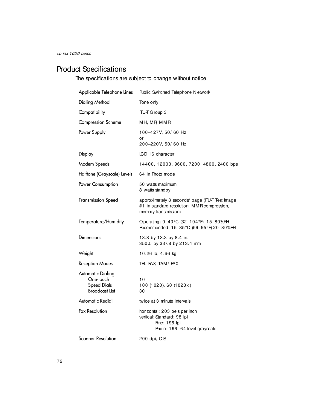 HP 1020xi Fax, 1020 Fax manual Product Specifications, Specifications are subject to change without notice 