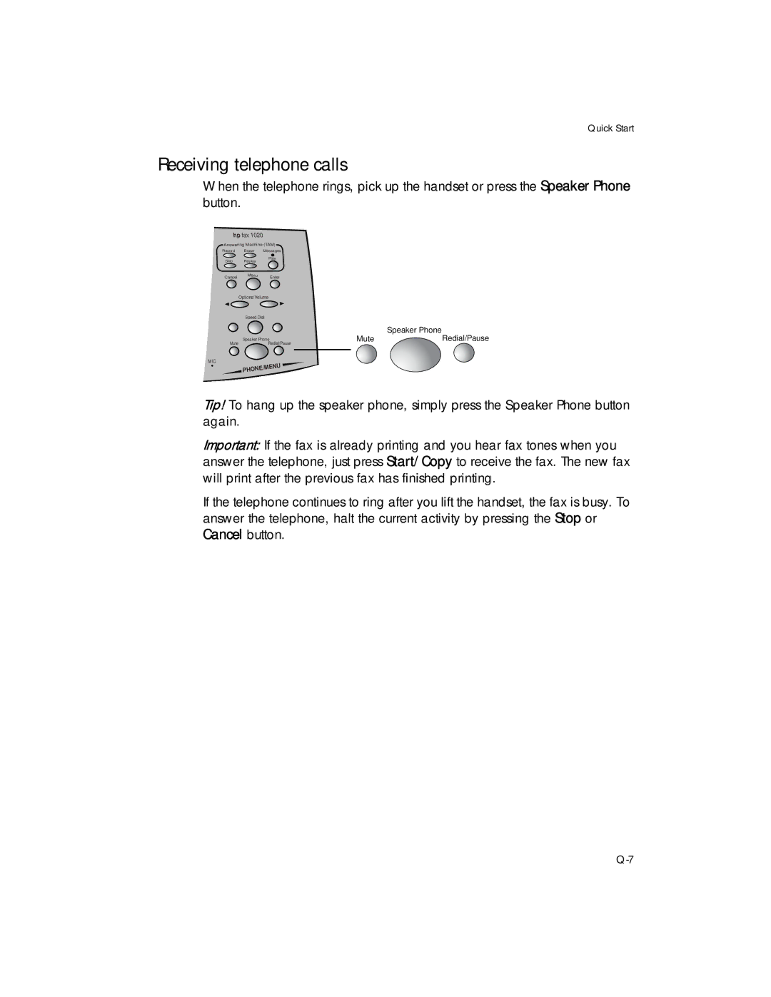 HP 1020 Fax, 1020xi Fax manual Receiving telephone calls, Hp fax 