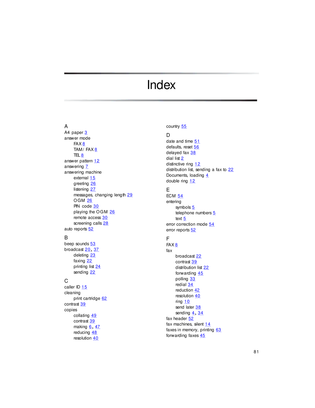 HP 1020 Fax, 1020xi Fax manual Index, TAM/FAX8 TEL8 