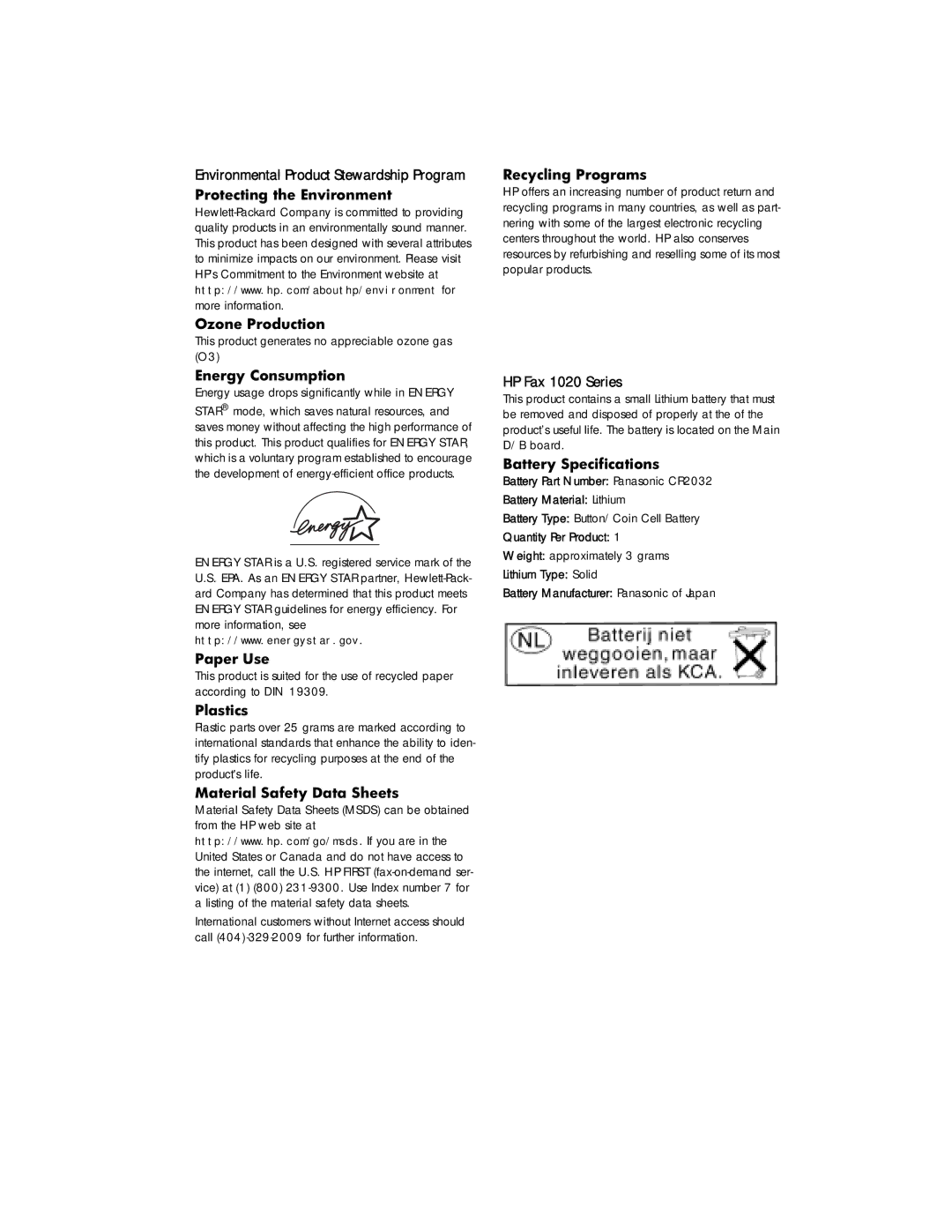 HP 1020 Fax, 1020xi Fax manual Environmental Product Stewardship Program 