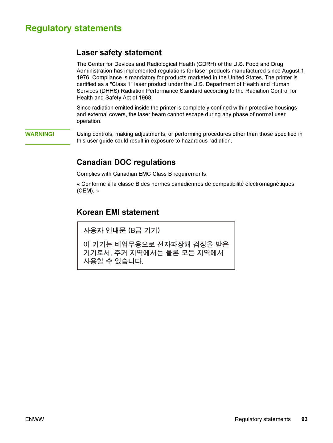 HP 1022nw manual Regulatory statements, Laser safety statement, Canadian DOC regulations, Korean EMI statement 