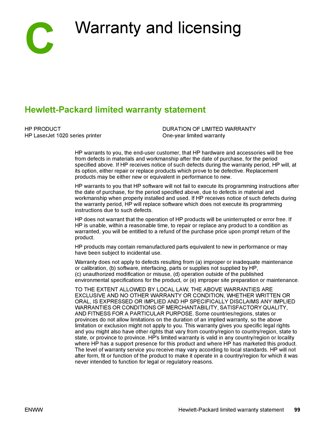 HP 1022nw manual Warranty and licensing, Hewlett-Packard limited warranty statement 