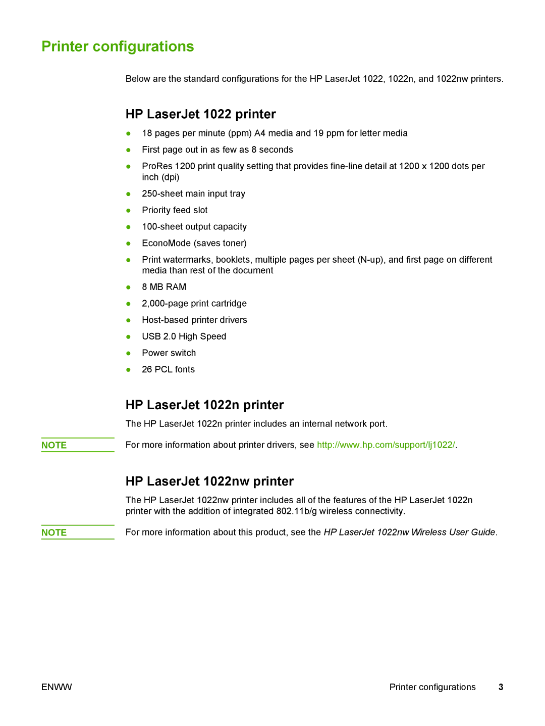 HP manual Printer configurations, HP LaserJet 1022 printer, HP LaserJet 1022n printer, HP LaserJet 1022nw printer 