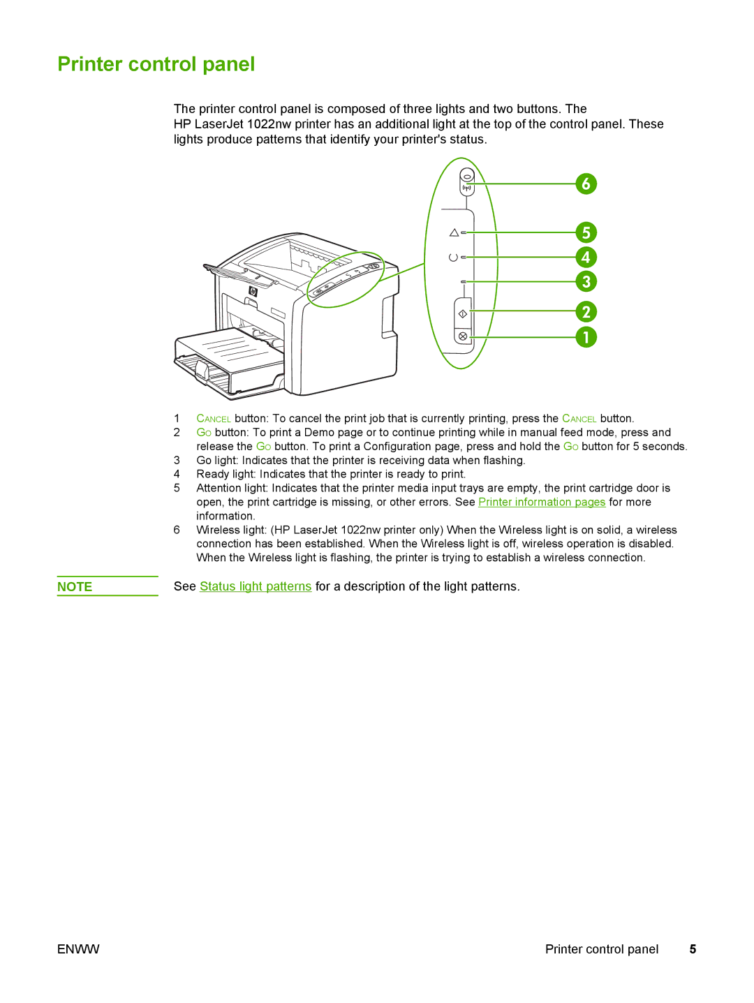 HP 1022nw manual Printer control panel, Information 