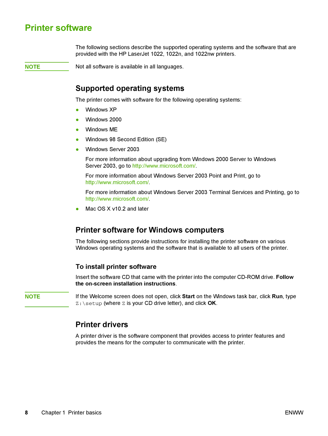 HP 1022nw manual Supported operating systems, Printer software for Windows computers, Printer drivers 