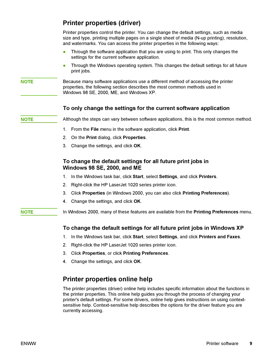 HP 1022nw manual Printer properties driver, Printer properties online help, Click Properties, or click Printing Preferences 