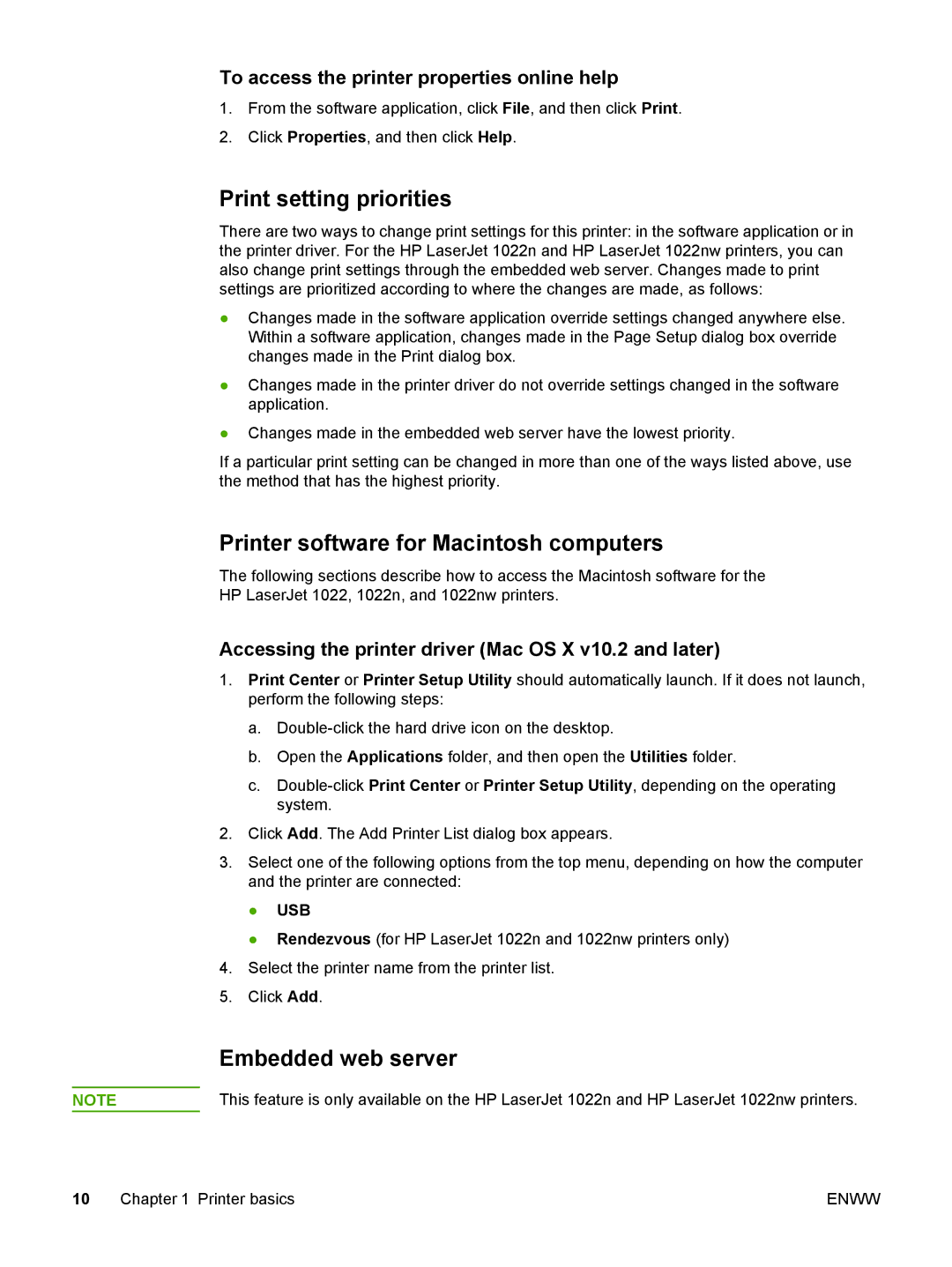 HP 1022nw manual Print setting priorities, Printer software for Macintosh computers 