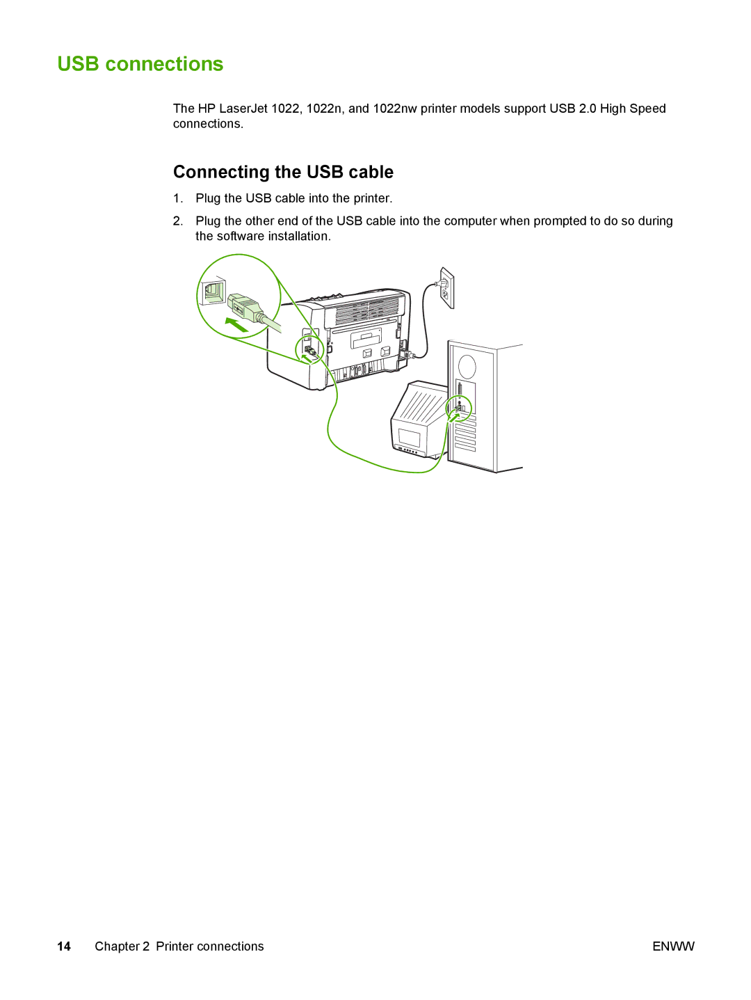 HP 1022nw manual USB connections, Connecting the USB cable 