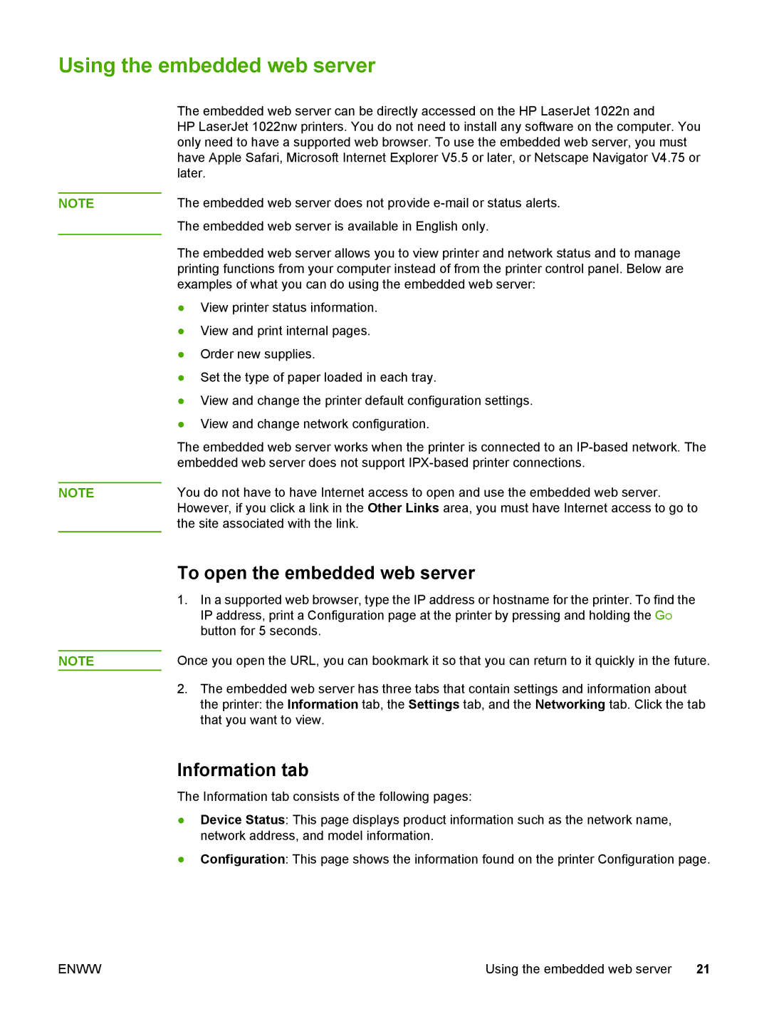 HP 1022nw manual Using the embedded web server, To open the embedded web server, Information tab 