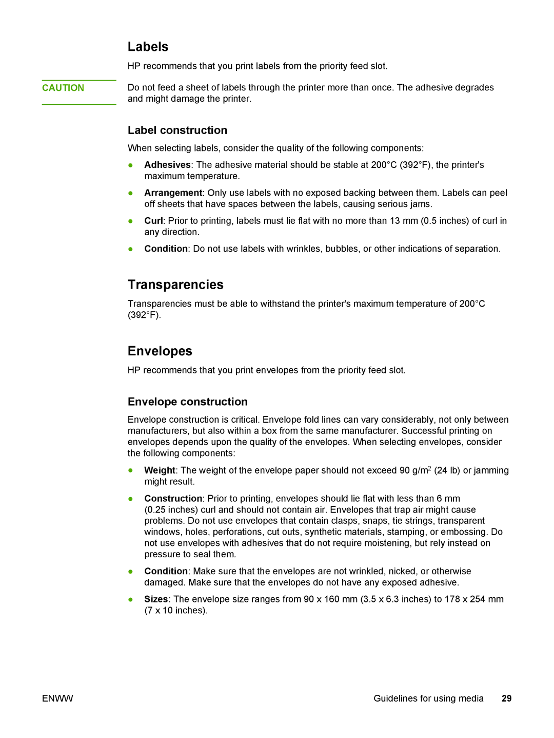 HP 1022nw manual Labels, Transparencies, Envelopes 