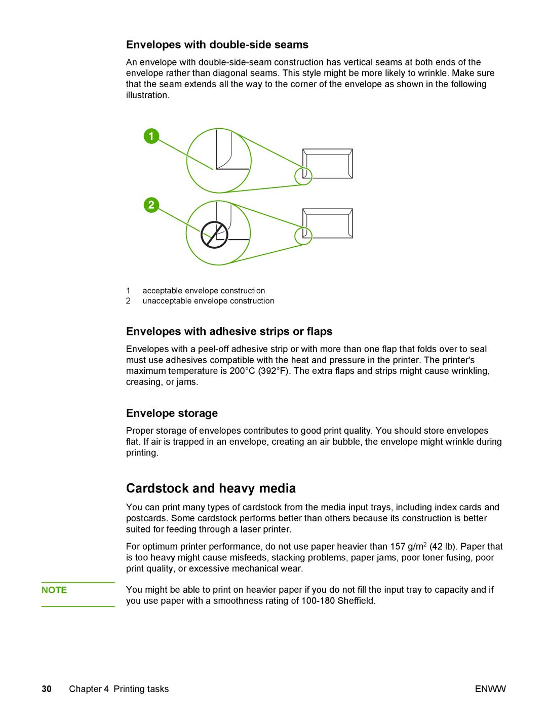 HP 1022nw manual Cardstock and heavy media, Envelopes with double-side seams 