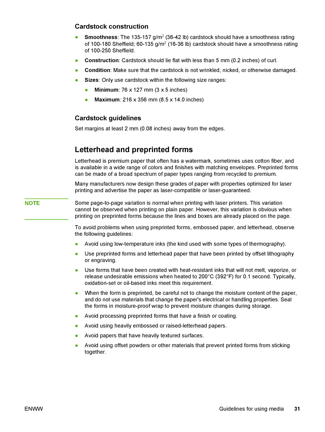 HP 1022nw manual Letterhead and preprinted forms, Cardstock construction 