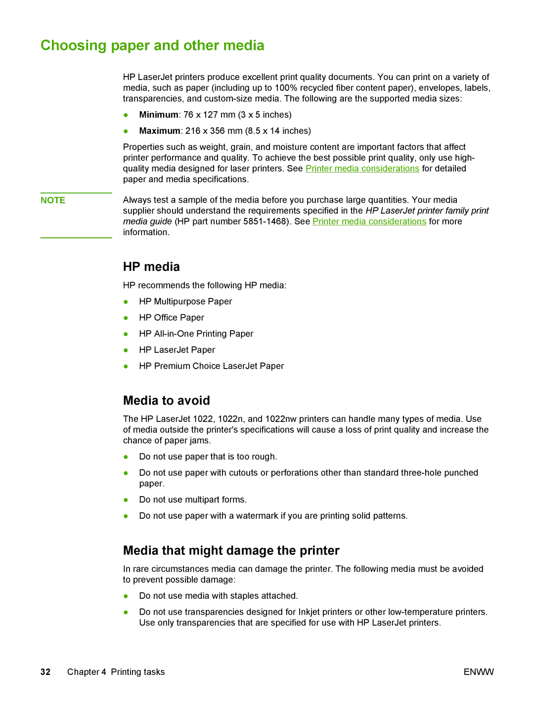 HP 1022nw manual Choosing paper and other media, HP media, Media to avoid, Media that might damage the printer 