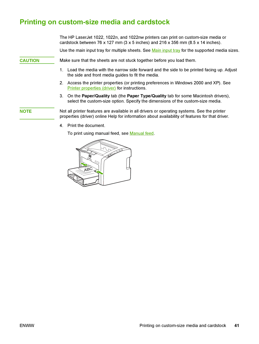 HP 1022nw manual Printing on custom-size media and cardstock 