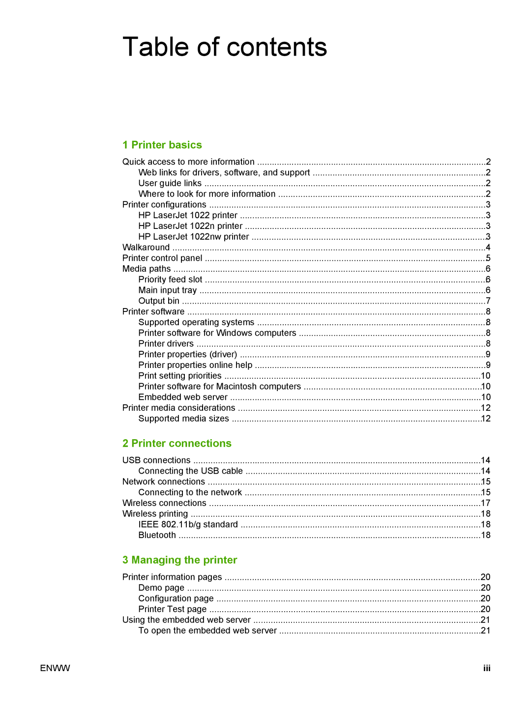 HP 1022nw manual Table of contents 