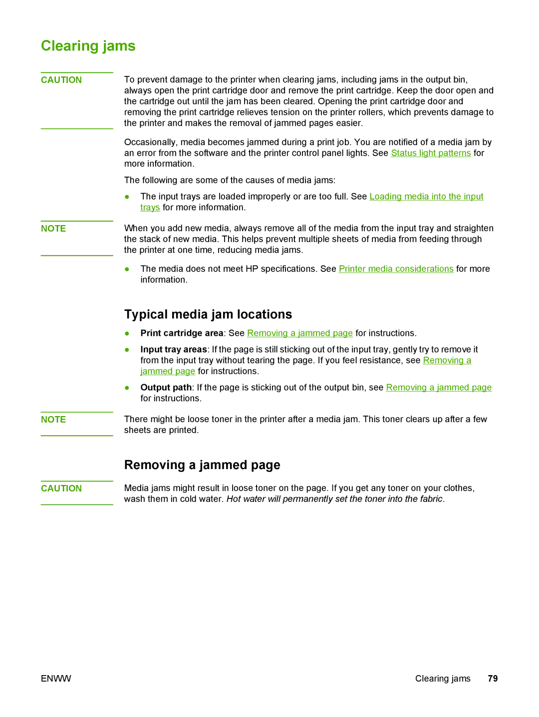 HP 1022nw manual Clearing jams, Typical media jam locations, Removing a jammed 