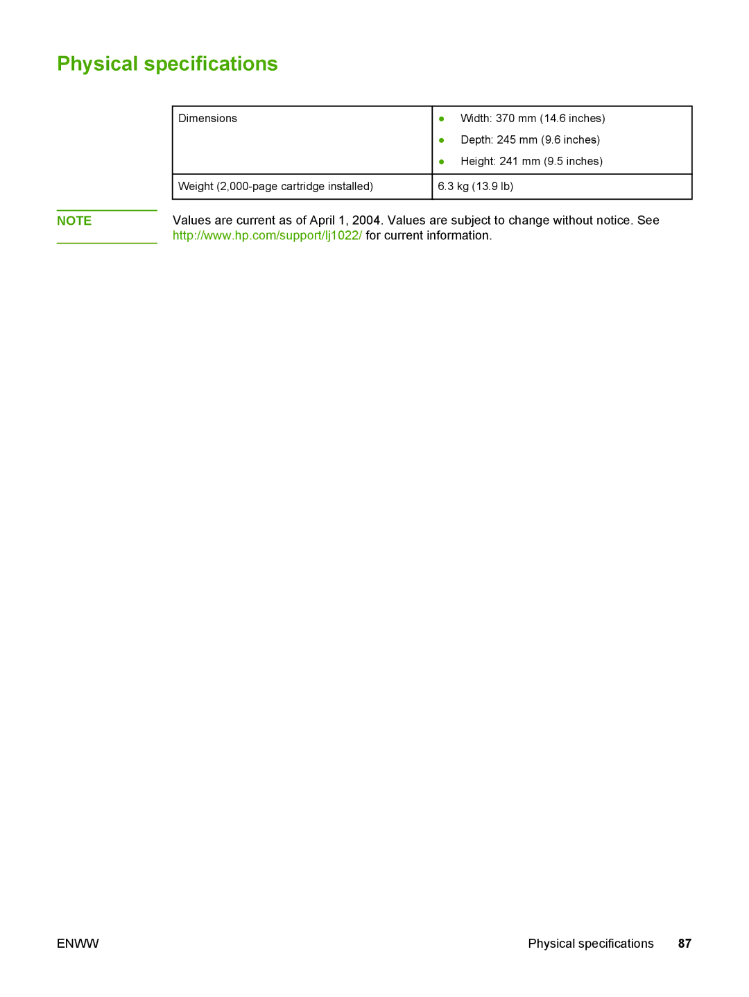 HP 1022nw manual Physical specifications 