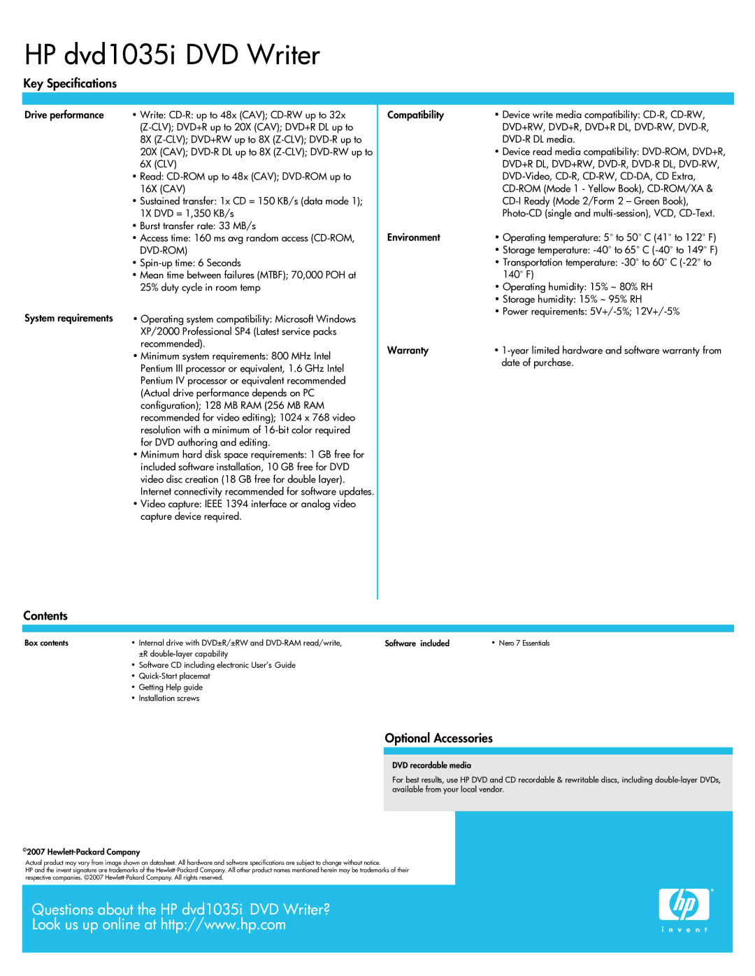 HP 1035I manual Key Specifications, Contents, Optional Accessories 