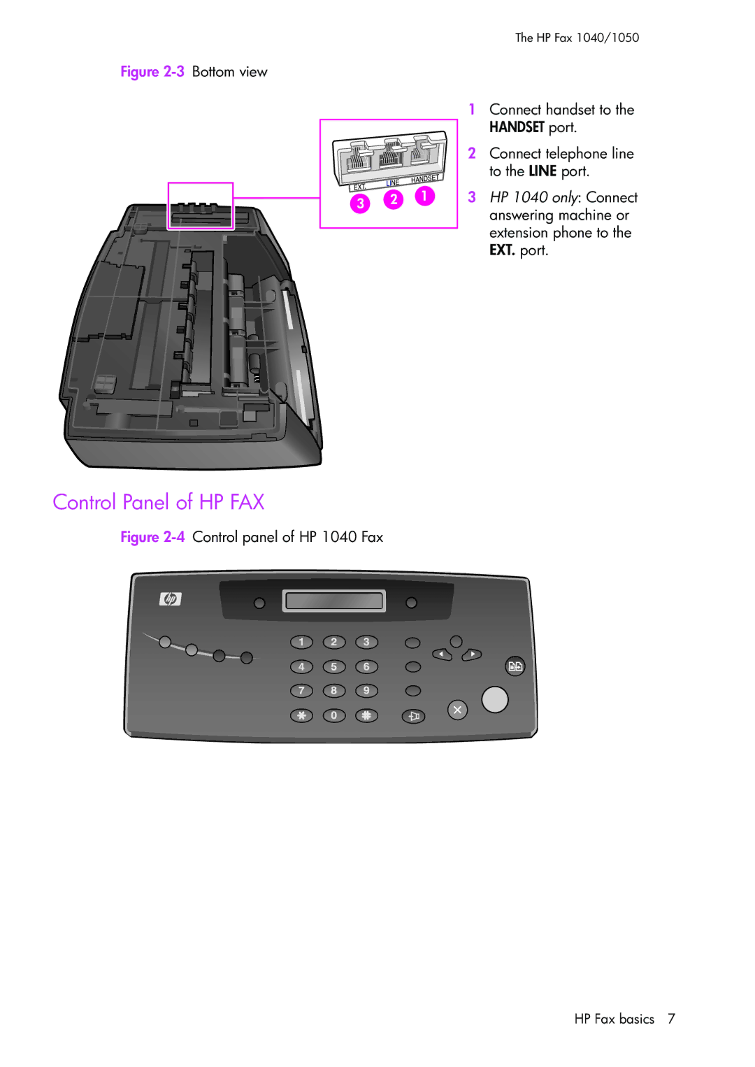 HP 1050 manual Control Panel of HP FAX, Bottom view 